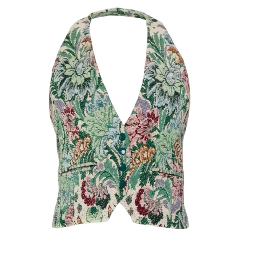 Floral Tapestry Halter Vest - Green Multicolor